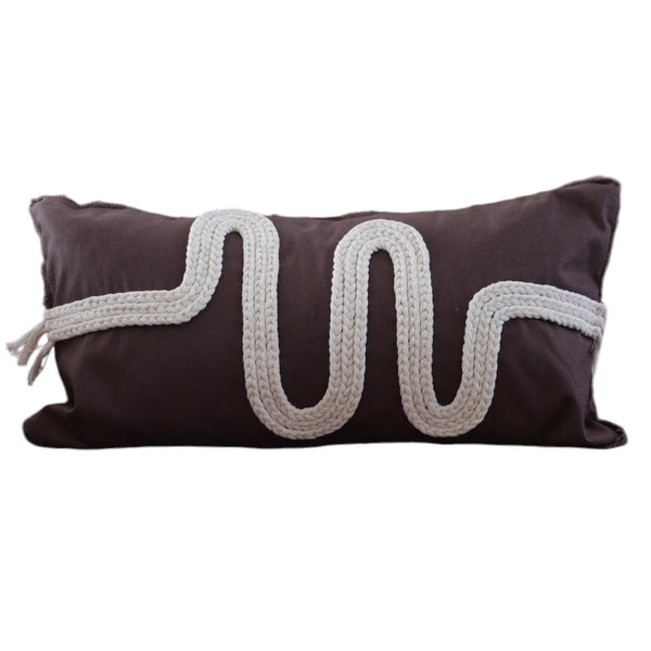 Brown Linen Cushion with White Braided Knitted Detail