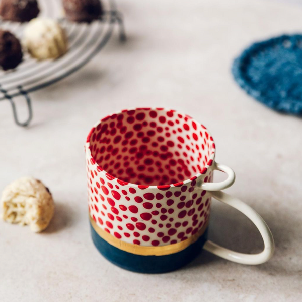 Festive Red Polka Dot Ceramic Coffee Mug with Blue and Gold Accents