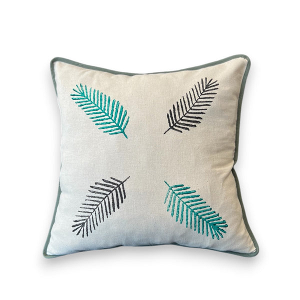 Embroidered Linen Cushion with Leaf Motif and Green Trim