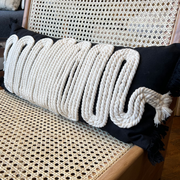 Black Linen Cushion with White Braided Knitted Detail