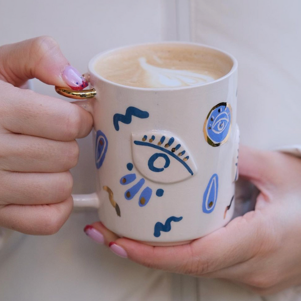 Evil Eye Ceramic Mug with Blue and Gold Accents