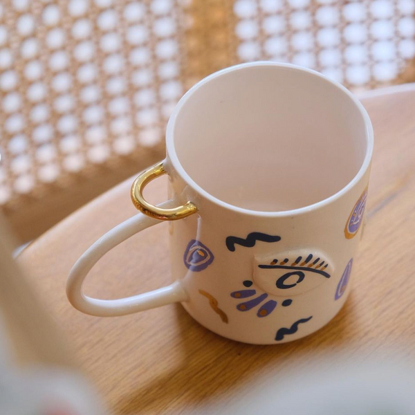Evil Eye Ceramic Mug with Blue and Gold Accents