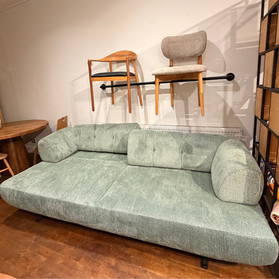 Green Sofa Bed With Wood Legs and Easy Flip Mechanism