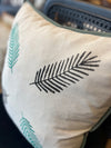 Embroidered Linen Cushion with Leaf Motif and Green Trim