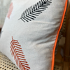 Embroidered Linen Cushion with Leaf Motif and Orange Trim