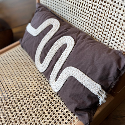Brown Linen Cushion with White Braided Knitted Detail