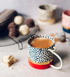 Festive Blue Polka Dot Ceramic Coffee Mug with Red and Gold Accents